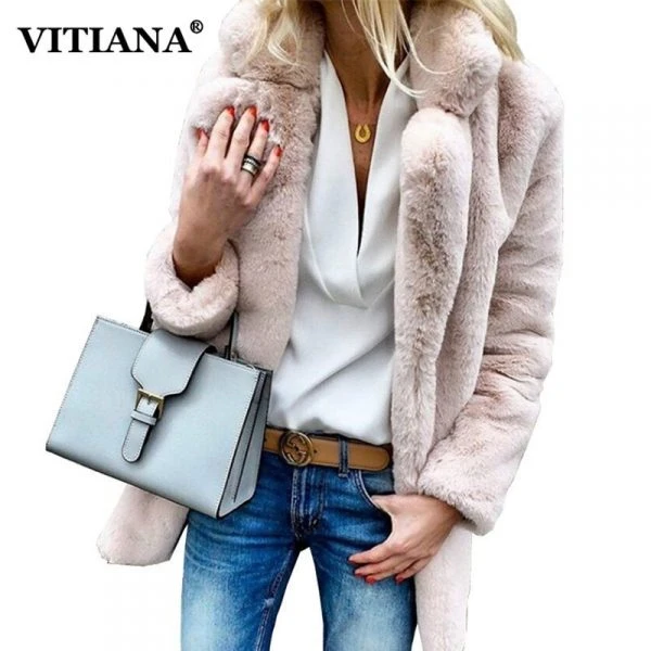 VITIANA Kobiety Plus Size Kolorowe Dorywczo Faux Futro Damskie 2018 Jesień Zima Elegancki Różowy Ciepły Miękki Znosić Oversize Kurtka