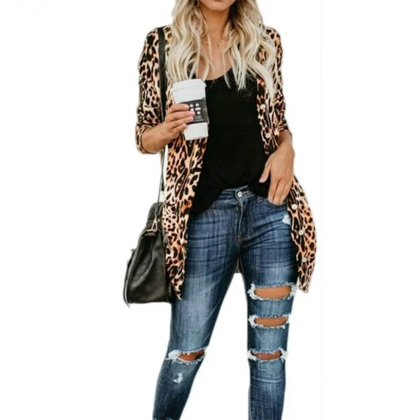 2018 Jesień Zima Kobiety Z Długim Rękawem Loose Knitting Sweter Cardigan Casual Leopard Print Sweter Z Dzianiny Kobiet Pull Femme