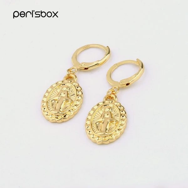 Peri'sbox Złoty Kolor Małe Dziewica Maryja Hoop Kolczyki dla Kobiet Minimalistyczny Ear Piercing Huggie Kolczyki Owalne Monety Kolczyki Tarczowe